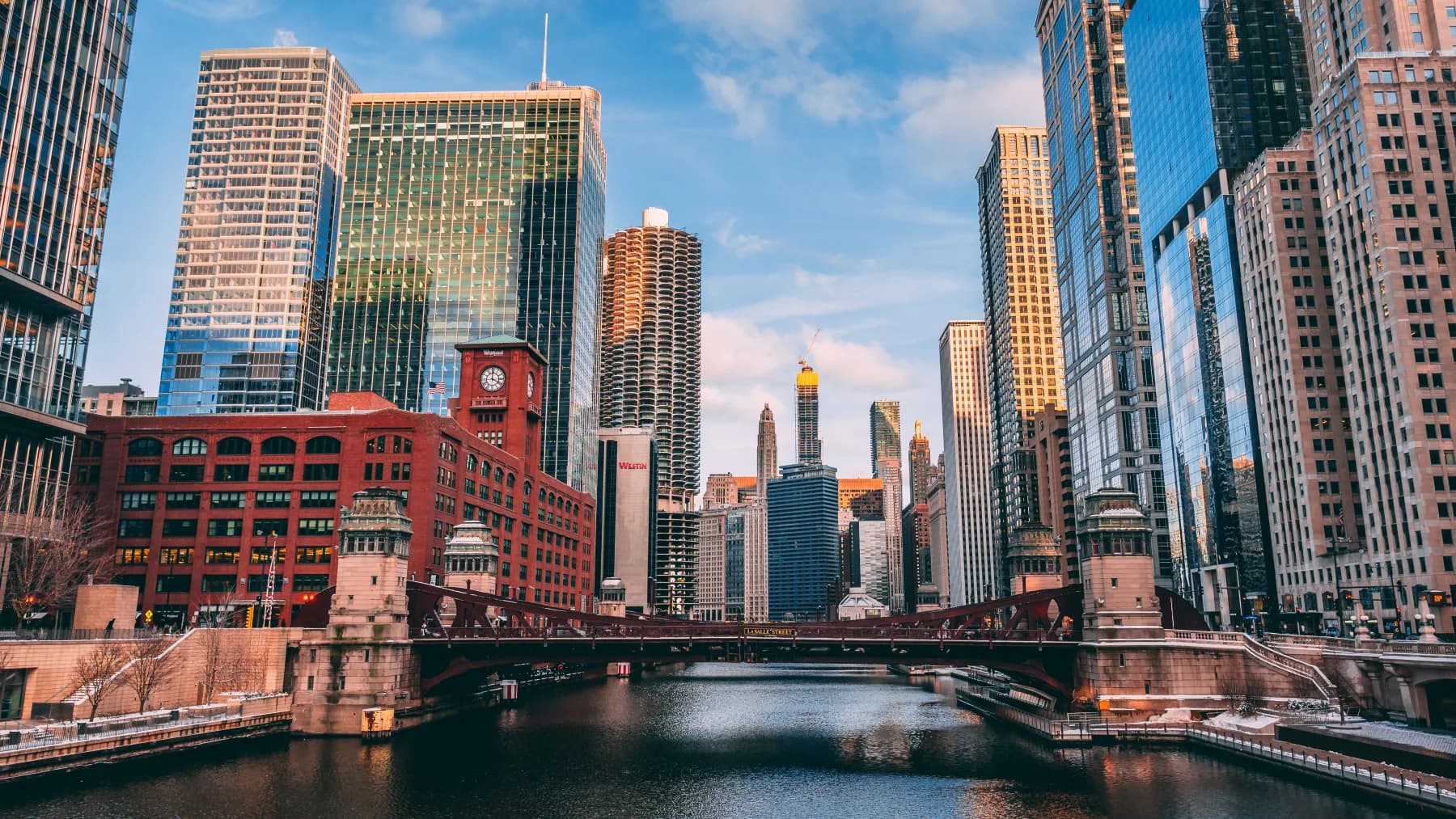 Chicago River, bridge, and downtown skyline