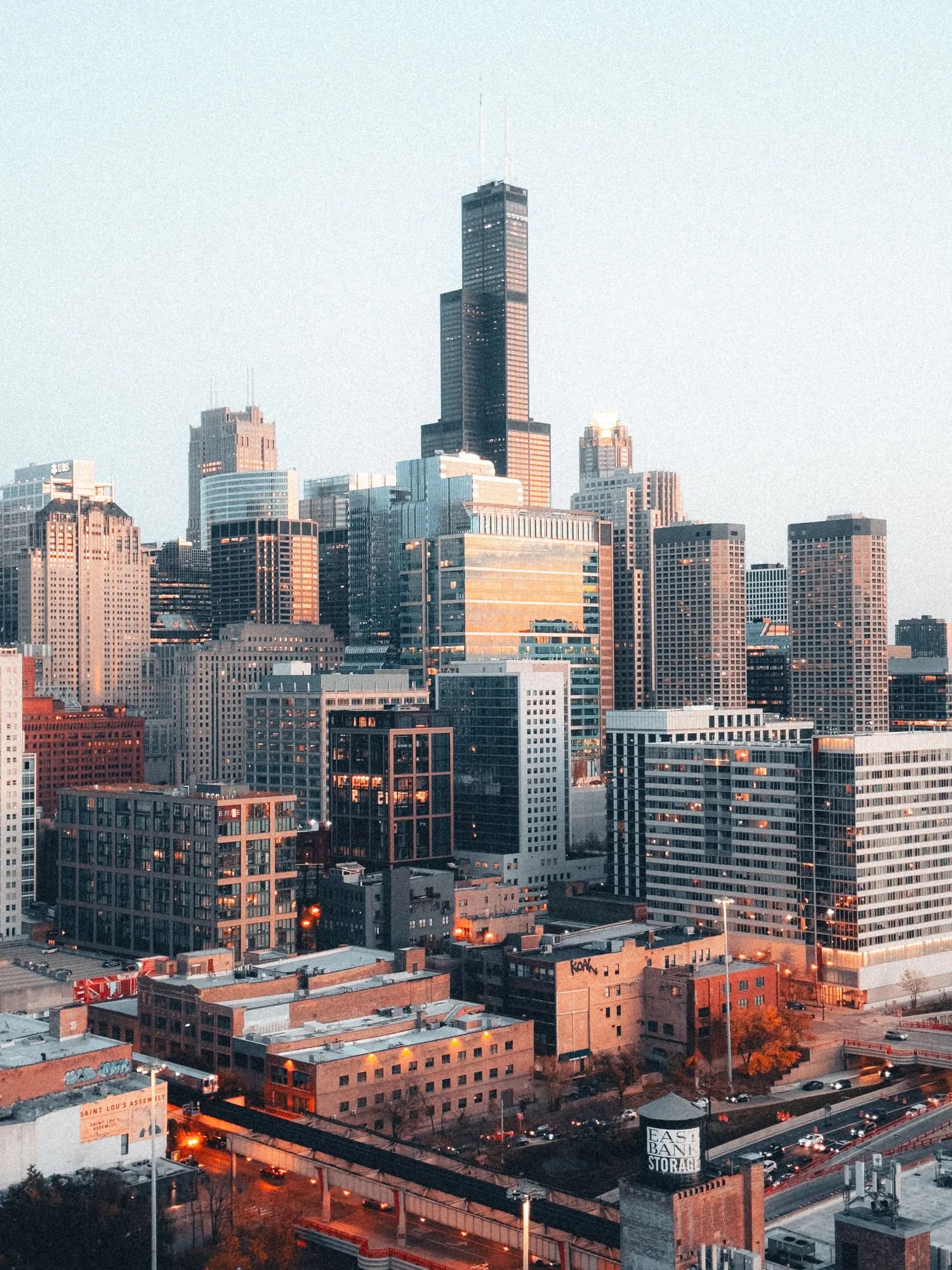 Chicago skyline glowing at dusk