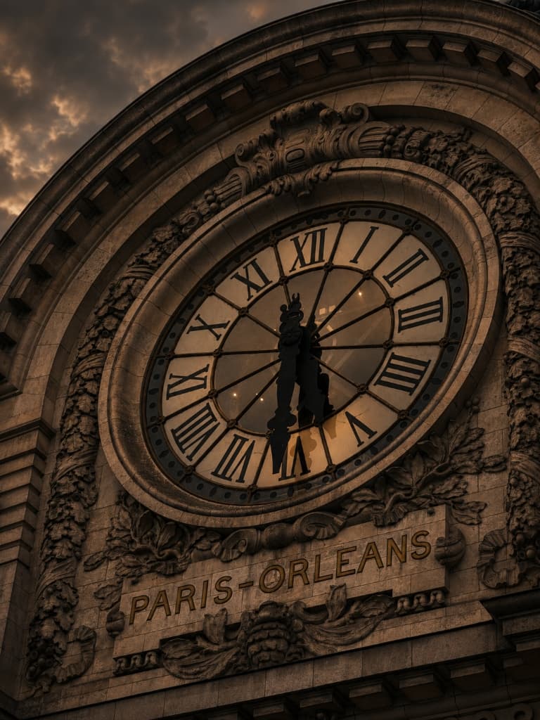 Musée d'Orsay monumental historic station clock overlooking Paris at dusk