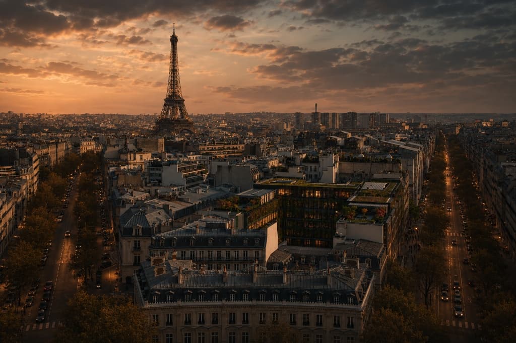 Panoramic sunset aerial view over classic Paris Haussmann rooftops and the Eiffel Tower