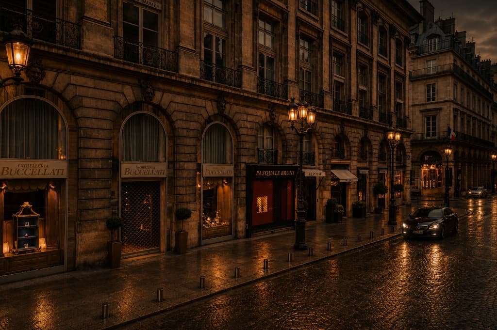 Place Vendôme luxury boutique storefronts in Paris with warm glowing lanterns and cobblestone streets