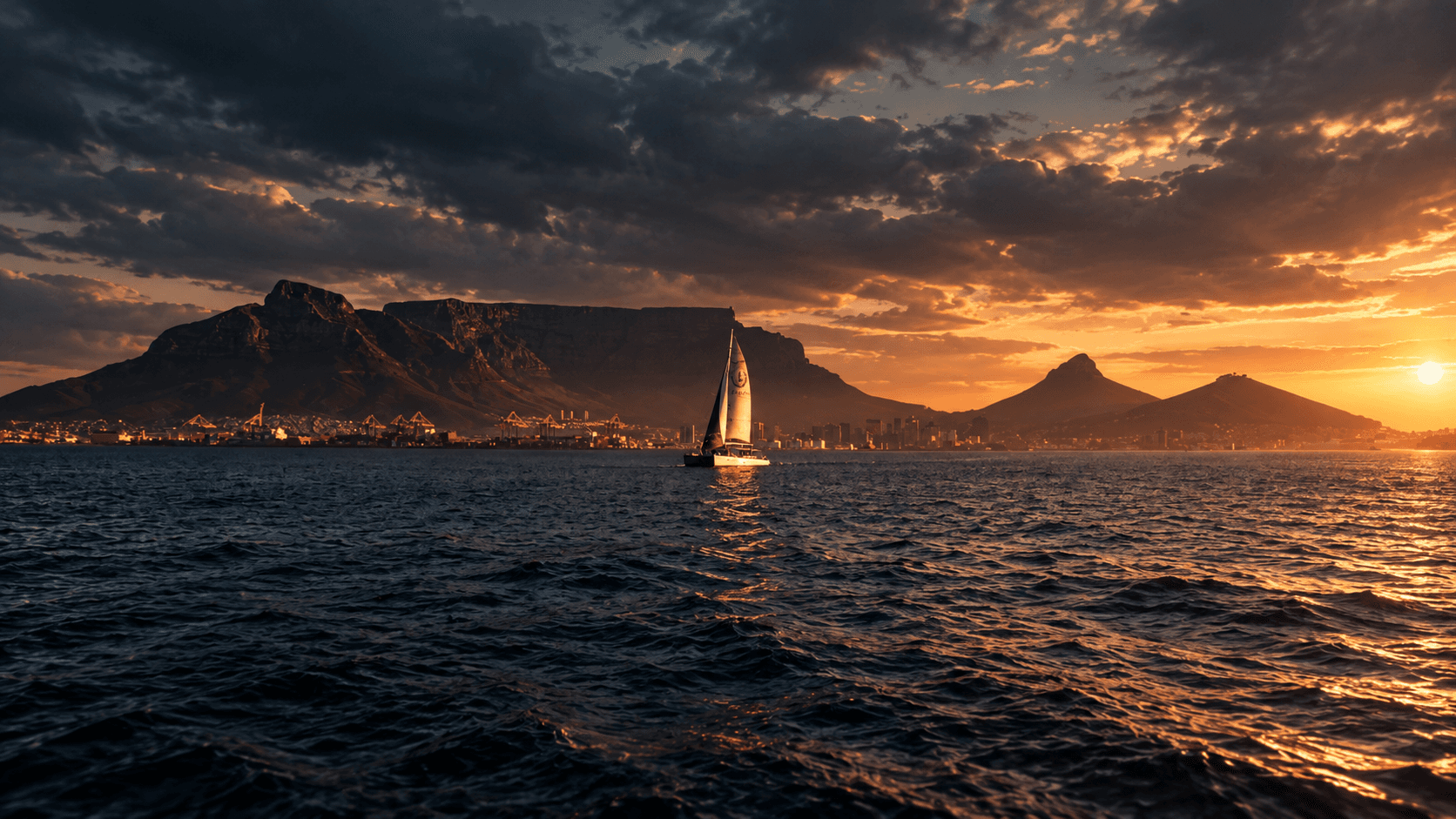Sailboat on the Atlantic ocean at golden hour with Table Mountain and Cape Town skyline in the background