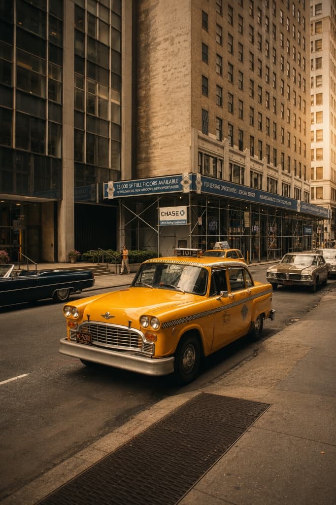 Vintage yellow NYC taxi on street