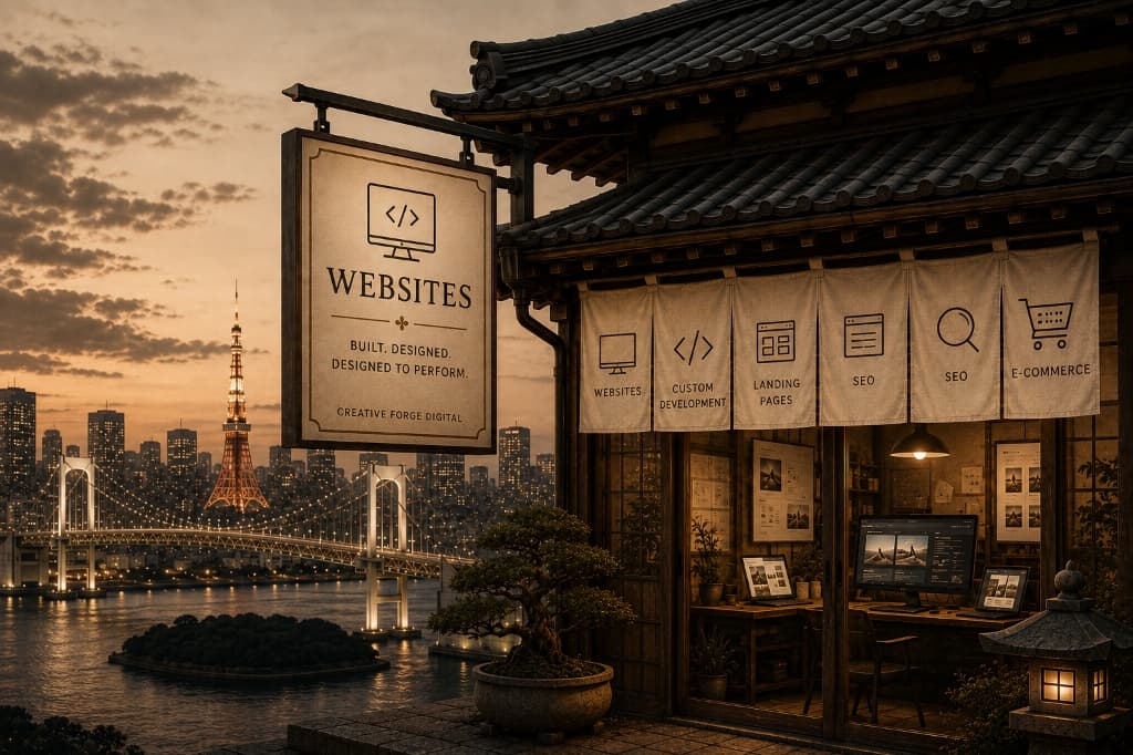 Creative Forge Digital Tokyo Websites workshop overlooking Rainbow Bridge and Tokyo Tower at dusk
