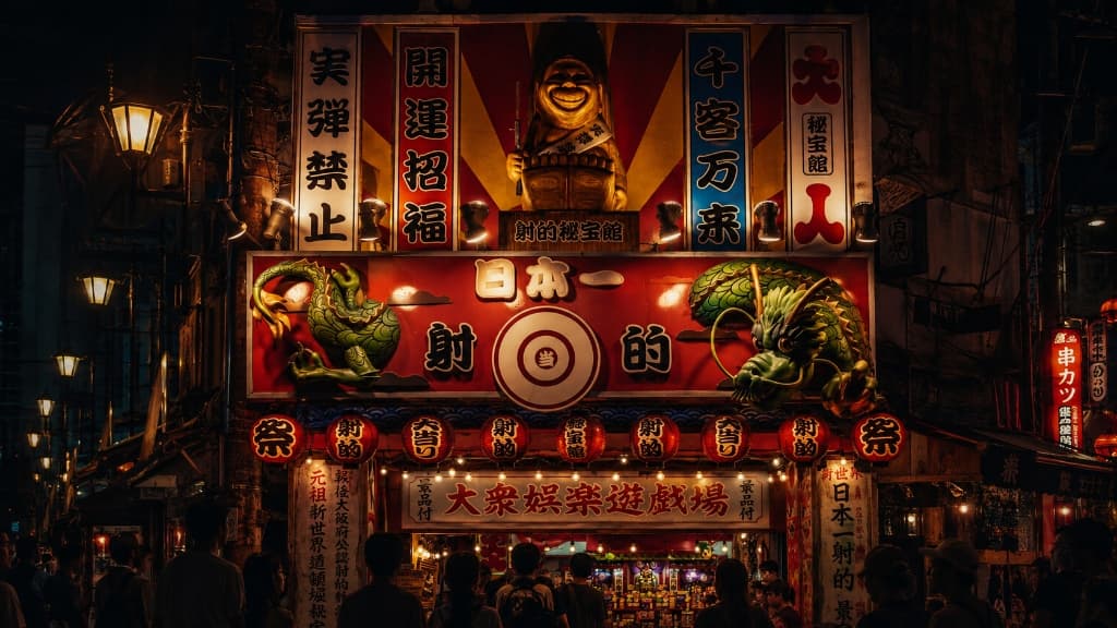 Illuminated Japanese festival arcade facade with dragon sculptures and lantern signage in Tokyo