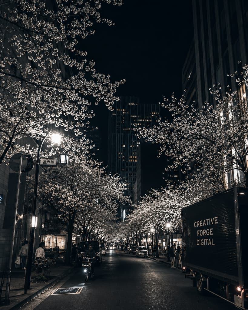 Tokyo cherry blossom illuminated avenue with glowing lanterns and Creative Forge Digital van