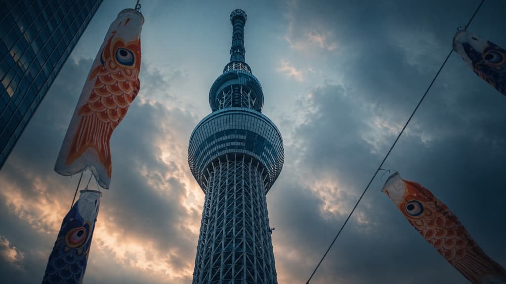 Tokyo Skytree towering into dramatic clouds with traditional koinobori carp streamers representing ongoing digital protection