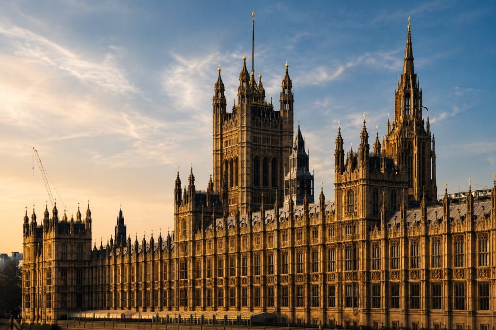Palace of Westminster and Houses of Parliament in London at golden hour