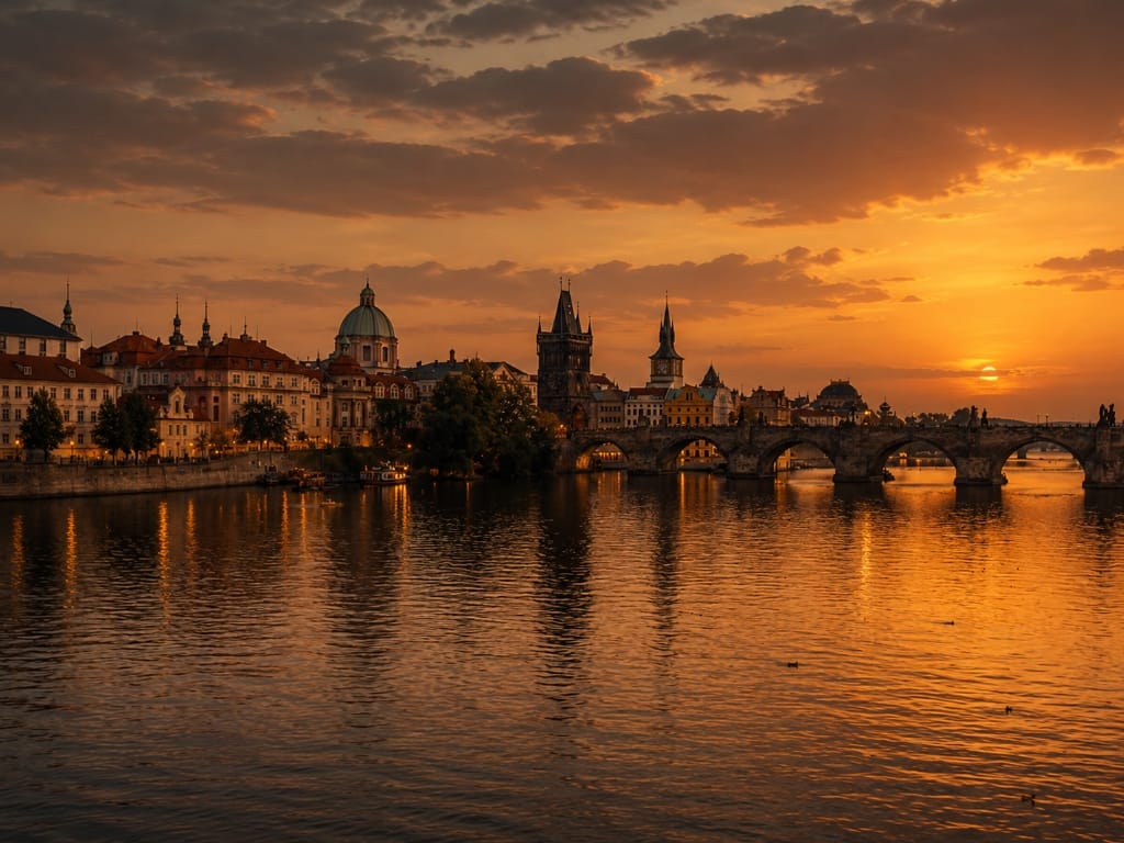 Prague Charles Bridge and Old Town skyline across the Vltava River during golden hour sunset