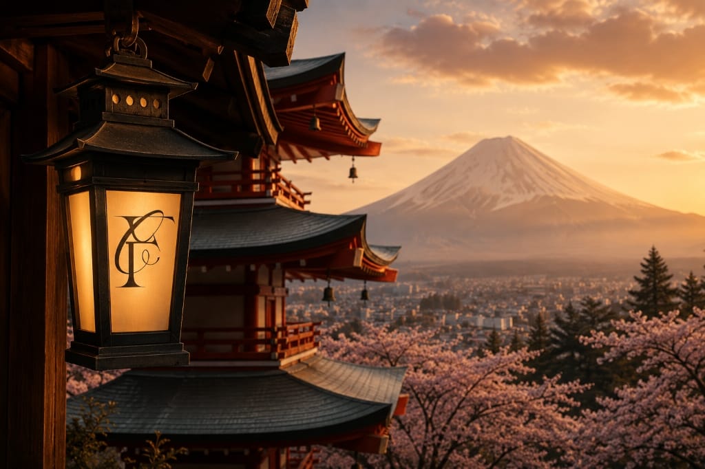 Mount Fuji sunset with cherry blossoms, traditional pagoda, and glowing lantern bearing the Creative Forge Digital monogram