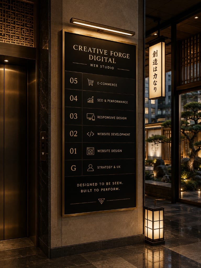 Creative Forge Digital Tokyo Web Studio directory board — Designed to be seen. Built to perform.