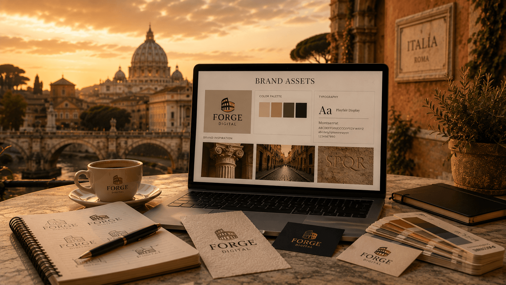 Brand asset design workstation and stationery overlooking Rome Vatican