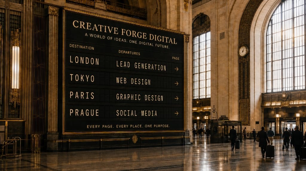 Creative Forge Digital Grand Station Departure Board with London, Tokyo, Paris, and Prague destinations