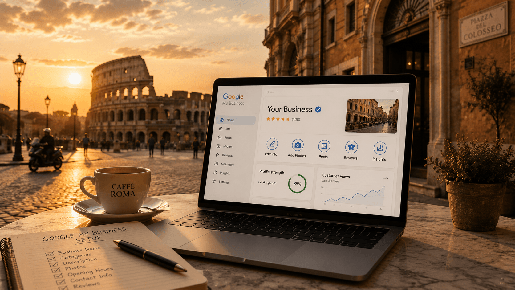 Google My Business dashboard and checklist on laptop overlooking Colosseum in Rome