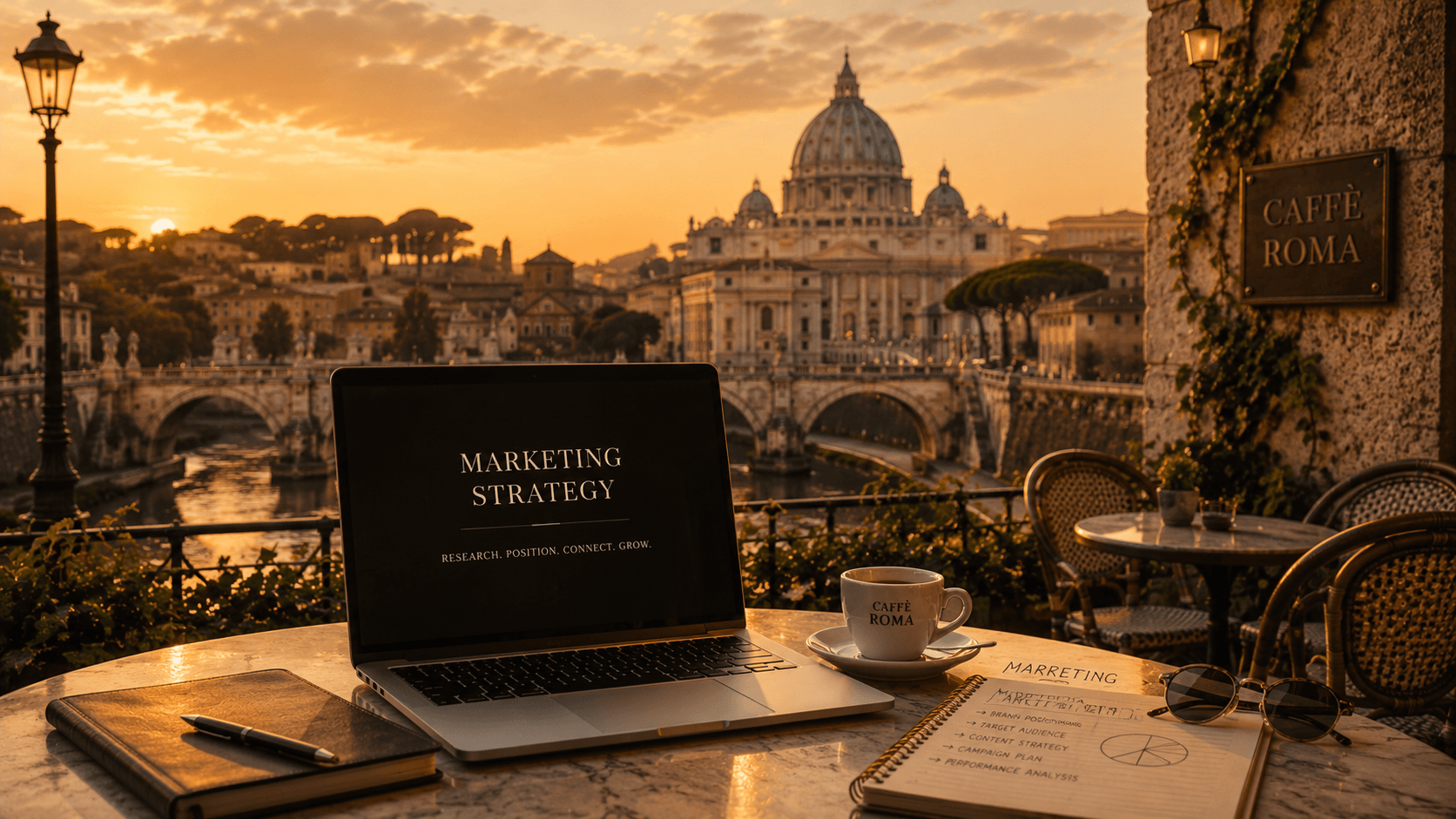 Marketing strategy workbook and laptop overlooking Rome Vatican