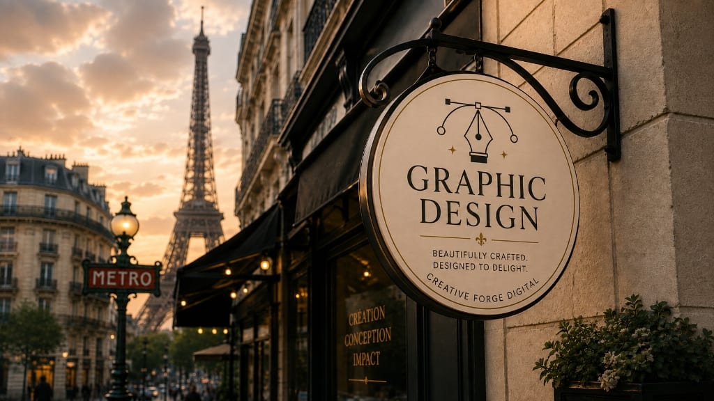 Creative Forge Digital Paris studio with hanging circular sign and Eiffel Tower view