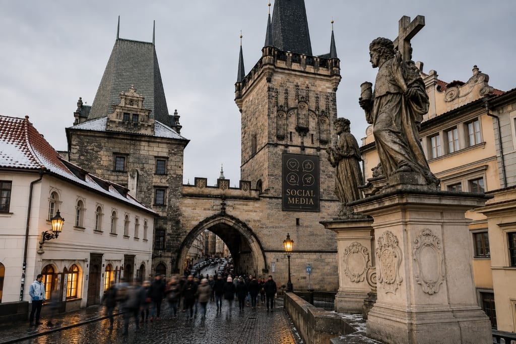 Prague Charles Bridge tower with Creative Forge Digital Social Media banner